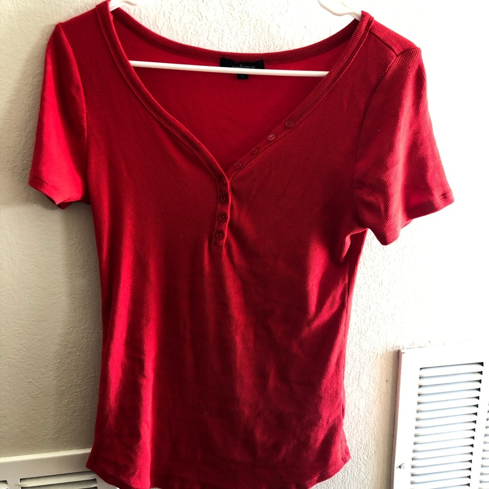 Red Buttoned V neck
